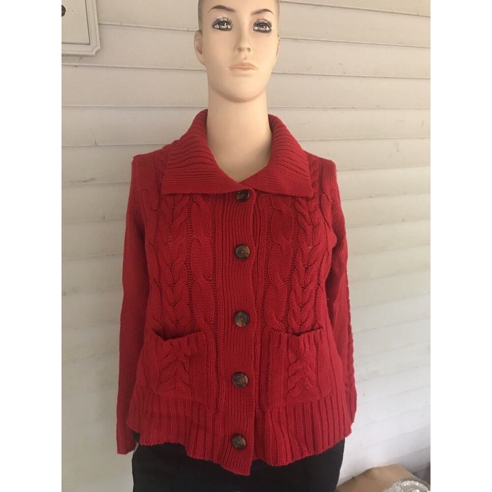 St Johns‎ Bay Sweater Womens L Red Cable Knit Button Down Cardigan